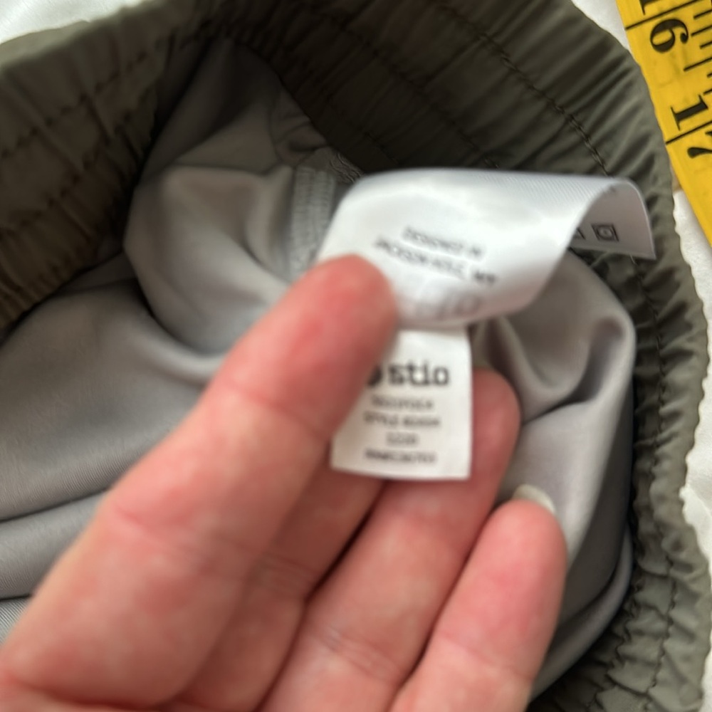 Stio Men's Olive Green Athletic Shorts with Lime Logo - Picture 9 of 15